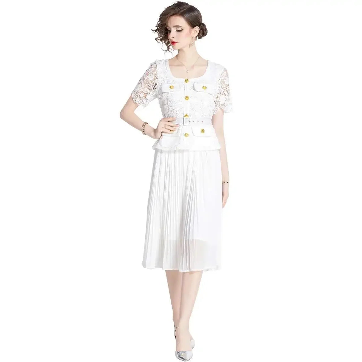 Luxury Evening Dress Women Summer Vacation Short Sleeve Pleated Lace Chiffon Long Dresses White Single Breasted Midi Party Robe