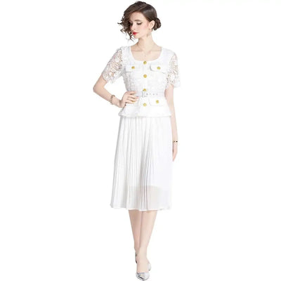 Luxury Evening Dress Women Summer Vacation Short Sleeve Pleated Lace Chiffon Long Dresses White Single Breasted Midi Party Robe
