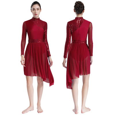 Women Modern Lyrical Dress Camisole Dance Costume Ballet Asymmetric High-Low Mesh Skirted Sleeveless Leotard Gymnastic Dancewear