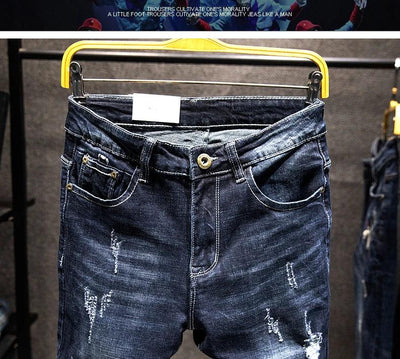 2025 New Ripped Jeans Men Slim-fit Denim Pants Cotton Korean Style Fashion Elasticity Versatile Blue Black Men's Clothing - Elanique