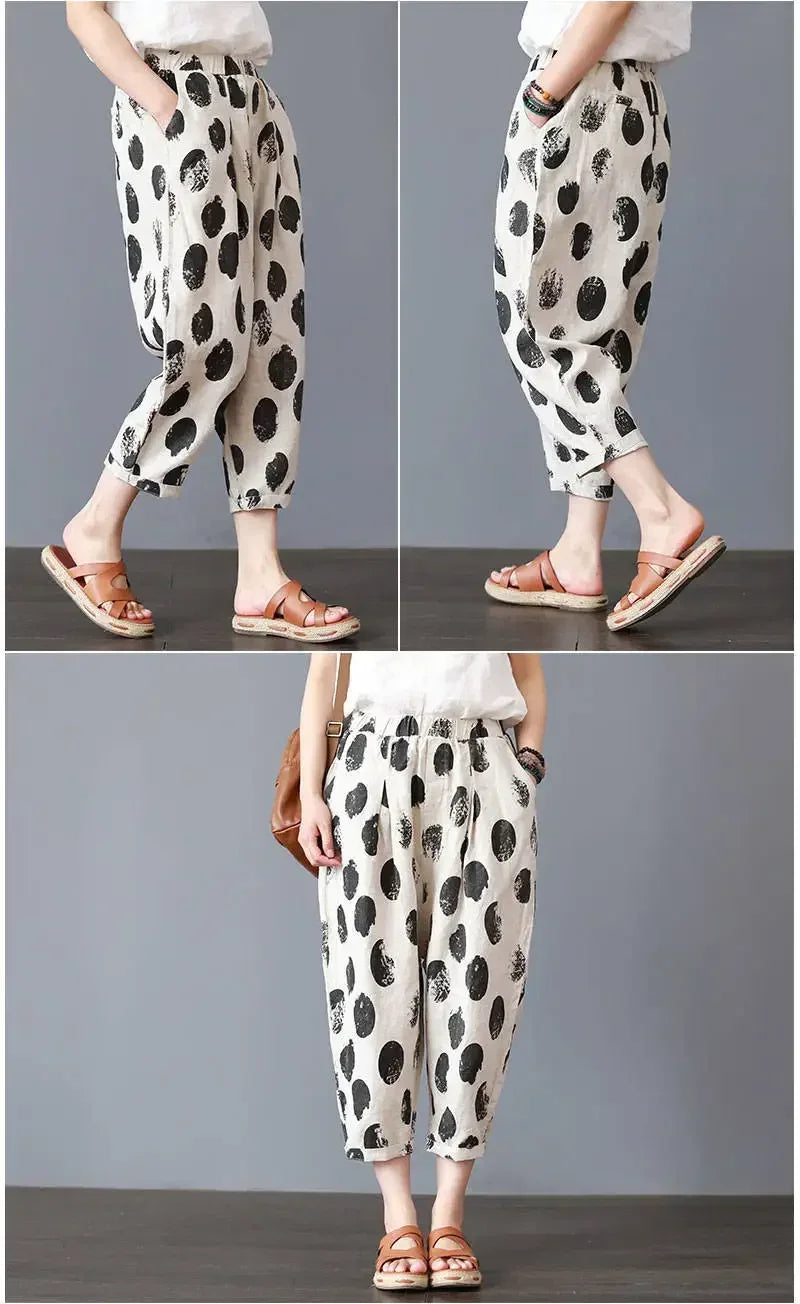 Casual Wide Leg Pants Women Summer Harem Pants for Women Retro Fashion Print Loose Cotton Linen Pants Printed Ankle-Length Pants