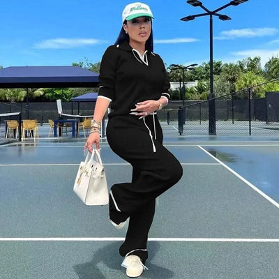 Active Wear Knitted Casual Tracksuit for Women Two Piece Set Sporty Fitness Striped Sweater Top and Wide Leg Pants Jogging Femme
