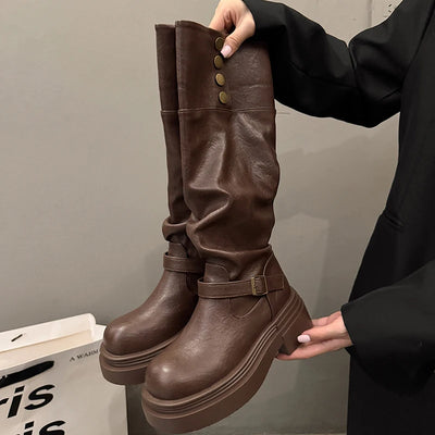 Vintage Women Knee High Boots Autumn Winter Ladies Causal Thick Heel Knight Long Botas Zapatos De Mujer