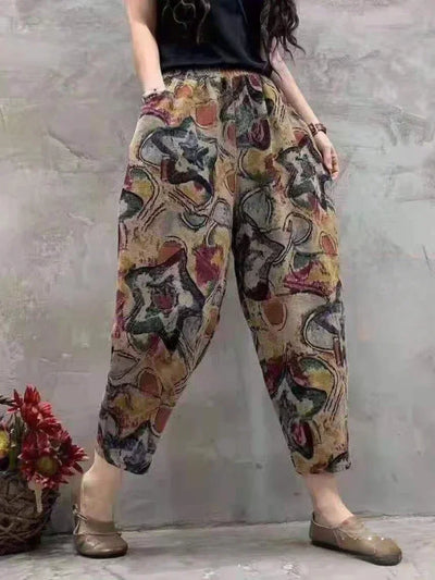 Fashion Printed Cotton Linen Harem Pants for Women 2025 Summer Casual High Waist Calf-Length Loose Trousers Female Streetwear