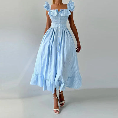 Ruffle Dress Women Fashion Backless A Line Slim Waist Striped Robe Female Flying Sleeves Buttons 2025 Summer Elegant Streetwear