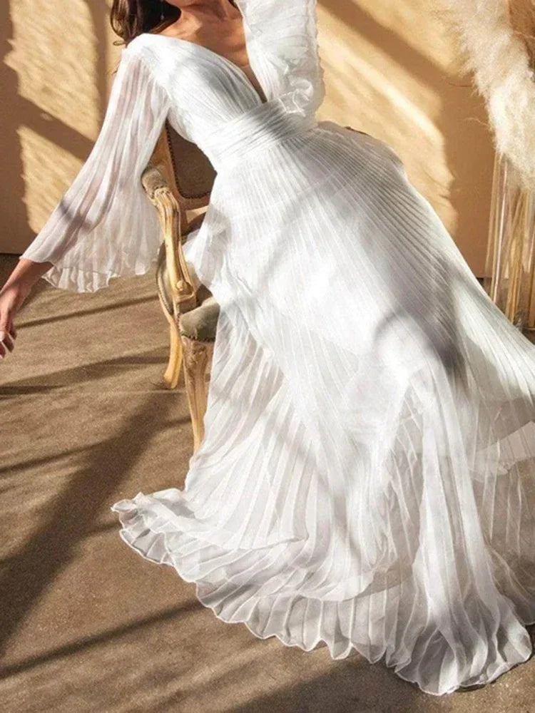 Women's Muslim Islamic  Dresses Fashion Elegant Folds Flare Sleeve Plunge Neck Maxi A-Line Evening Dresses
