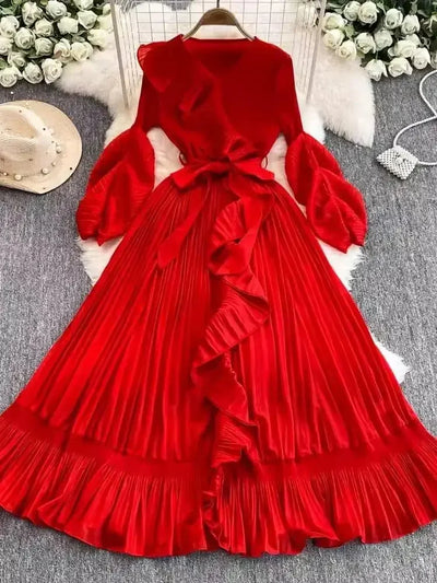 Women's V Neck Ruffles Splice Lantern Sleeve High Stretch Oversized Dresses Miyake Maxi Pleated 2025 Spring Long Party Clothing