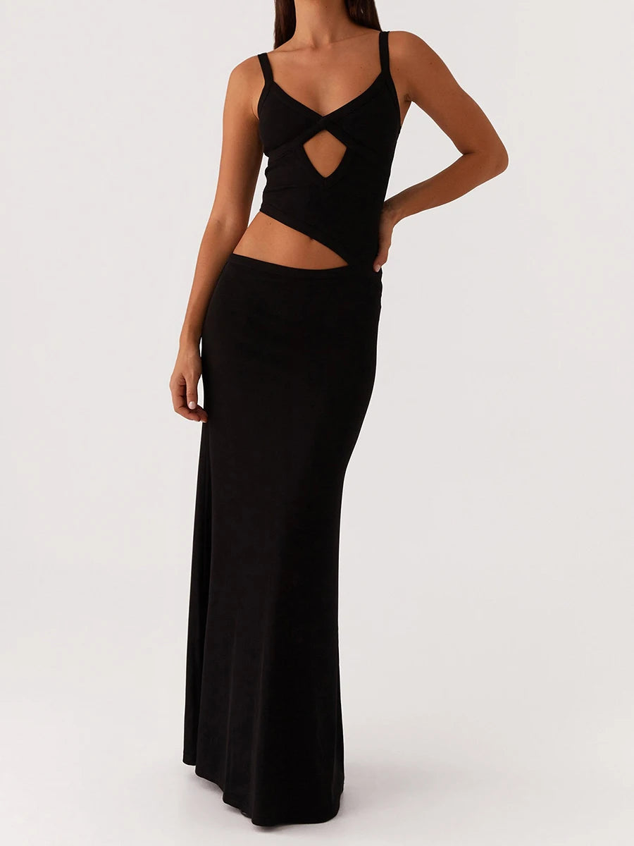 Women Slip Dress Summer Elegant Sleeveless V-neck Backless Hollow Out Bodycon Long Dresses Maxi for Party Cocktail Prom Club