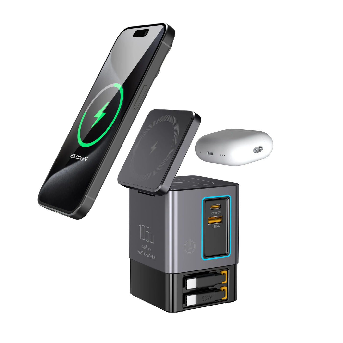 105W Charging Station With Retractable USB-C Cable Power Combo USB C Power Strip for Multiple Devices Wireless Charging 15W