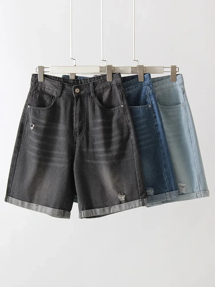Women Denim Shorts Ripped Wide Leg Black High Waist Short Jeans Straight Leg Blue Denim Shorts For Women Summer Jean Shorts