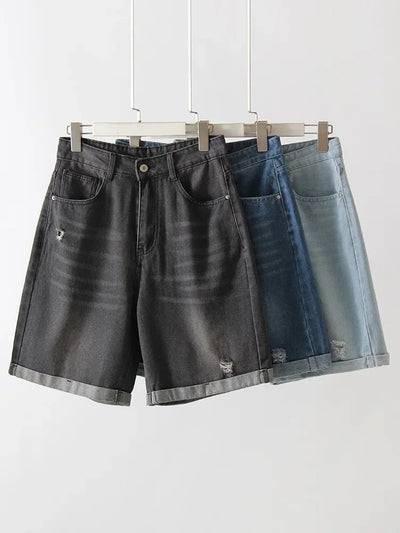 Women Denim Shorts Ripped Wide Leg Black High Waist Short Jeans Straight Leg Blue Denim Shorts For Women Summer Jean Shorts