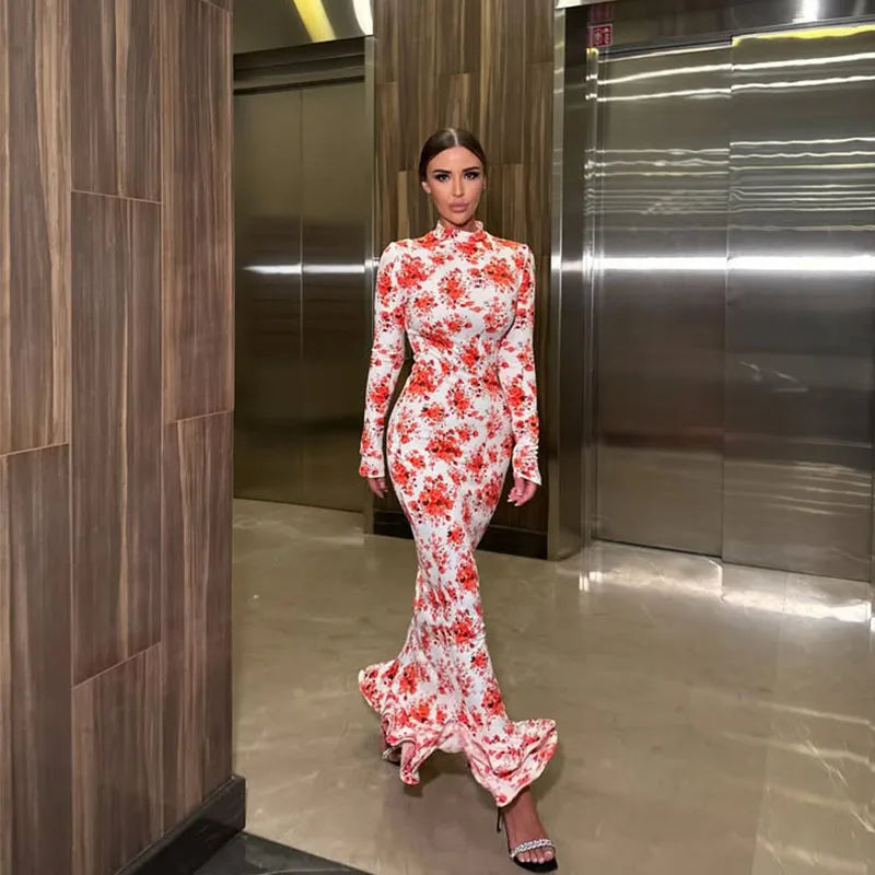 Floral Printed Dresses For Women Fashion Sexy Streetwear Casual Full Sleeves Turtleneck Slim Hip Wrap Long Vestidos Robes Female