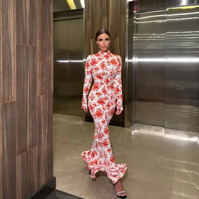 Floral Printed Dresses For Women Fashion Sexy Streetwear Casual Full Sleeves Turtleneck Slim Hip Wrap Long Vestidos Robes Female