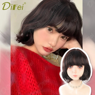 DIFEI Slightly Curly Short Synthetic Wig For Women Fresh Natural Short Wig With Straight Bangs Suitable For Daily Wear