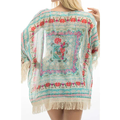 Women Shirts Summer Holiday Boho Floral Print Thin See Through Tassel Half Sleeve Cardigan Beachwear Cape Shirts Woman Tops