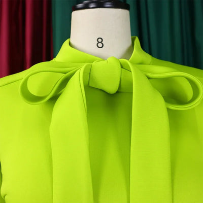 Elegant Dresses for Women Bow Collar Full Sleeve High Waisted Pleated Mid Calf Luxury Birthday Party Dinner Vestidos Mujer Dress