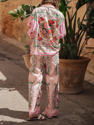 Loungewear Printing Two Pieces Sets, Women Spring Summer Cardigan Top Wide Leg Pants Outfit, Loose Turn-Down Collar Ladies Suits