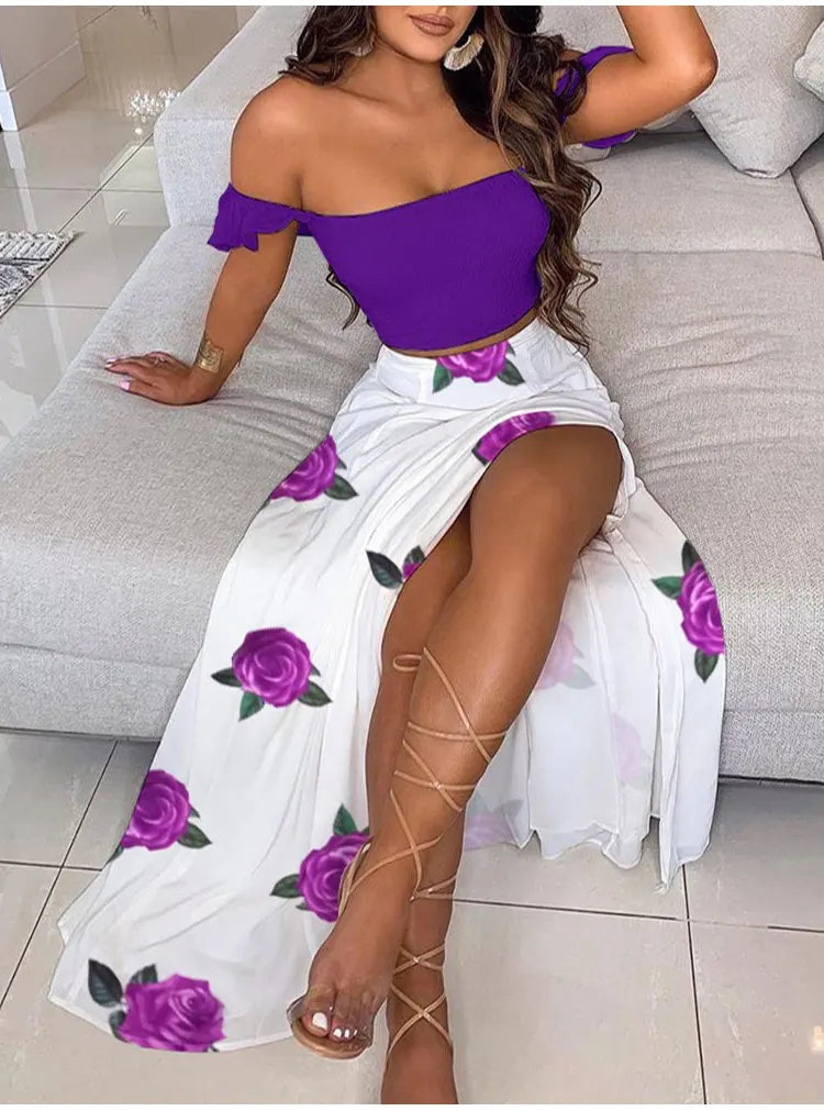 Summer Fashion Sets For Women 2 Pieces Solid Pleated Tops & Floral Print High Waist Midi Skirt Female Chic Lady Long Skirts Set