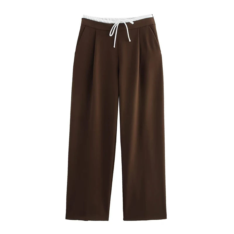 Wide Leg Pants For Women Straight Autumn Coffee Tie Up Casual Trousers Women Gray Loose Pants Ladies Black Trousers Office