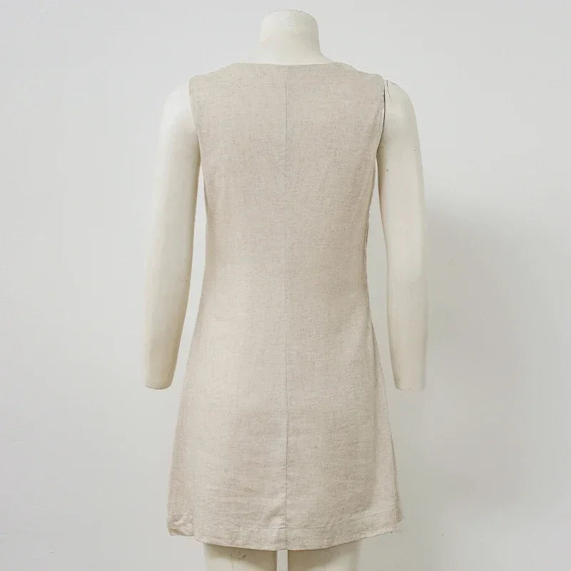 Women's Casual Linen Sleeveless Dress V-Neck Chic Elegant Cotton-Linen Blend Summer Fashion Sexy Chic New Arrival Vestidos
