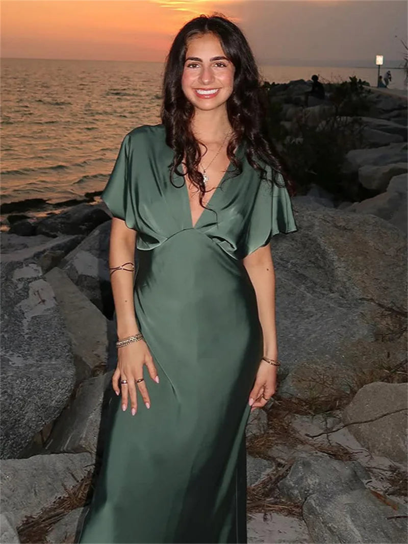 Women's Summer Dress 2025 New Elegant Fashion Slim V-neck Stain Long Dress Women Chic Comfortable Casual Dresses