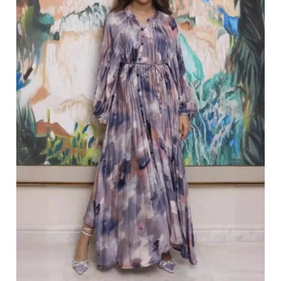 Retro Print Elegant Pleated Lace-up Chiffon Long Sleeve Dress A-line Blouse French Casual V-neck High Waist Women Summer Dresses