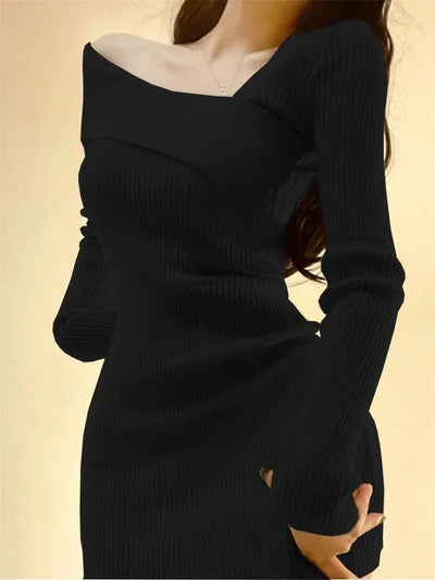 Knitted Dress Women Autumn Winter Long Sleeved Sexy Off Shoulder Stretch Sweater Solid Elegant Skinny Chic Korean Lady Dress