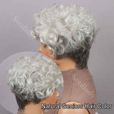 Seniors Short Curly Human Hair Glueless Wig Silver Grey Layered Pixie Cut Wig Light Salt And Pepper For Women Over 60s