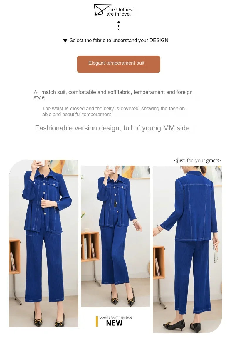 Wrinkle fashion casual suit for women high-end and casual loose fit plus size shirt collar top straight leg pants [20240514]
