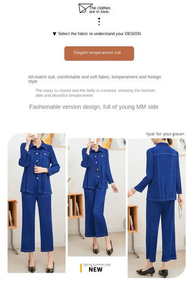 Wrinkle fashion casual suit for women high-end and casual loose fit plus size shirt collar top straight leg pants [20240514]
