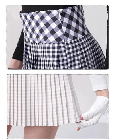 Women's Golfwear for Spring/Autumn Slim-Fit Long-Sleeve Top with Polo Collar and Bow Tie, High-End Golf Hundred-Pleat Skirt Suit