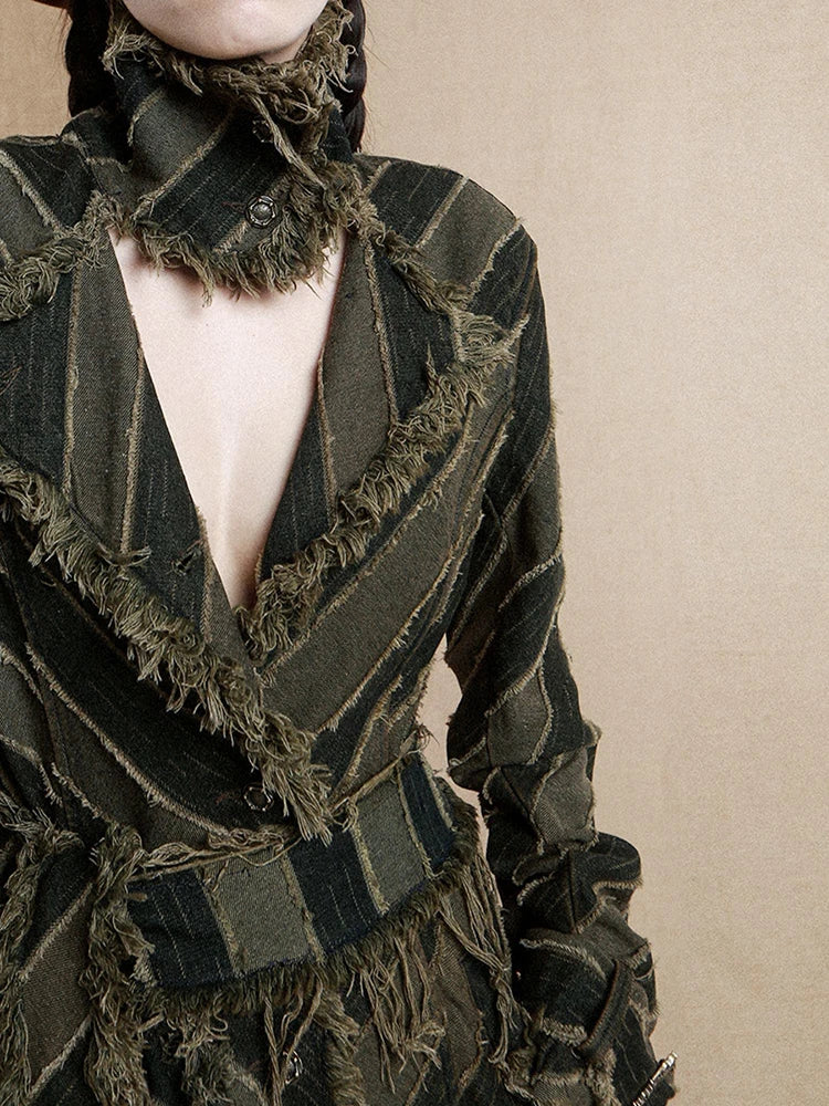 [Vibe] Women Blue Striped Burr Denim Long Trench New Turtleneck Long Sleeve Windbreaker Fashion Tide Spring Autumn 2025