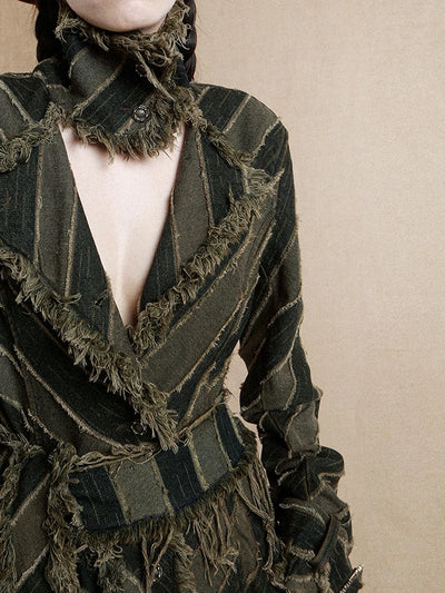 [Vibe] Women Blue Striped Burr Denim Long Trench New Turtleneck Long Sleeve Windbreaker Fashion Tide Spring Autumn 2025