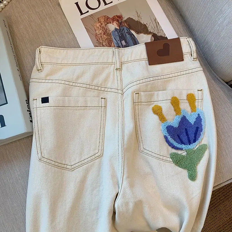 White Jeans For Women Spring High Waist Fashion Flower Design Straight Denim Pants Chic Loose Wide Leg Casual Trousers