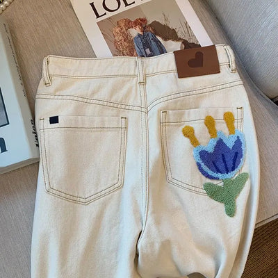 White Jeans For Women Spring High Waist Fashion Flower Design Straight Denim Pants Chic Loose Wide Leg Casual Trousers