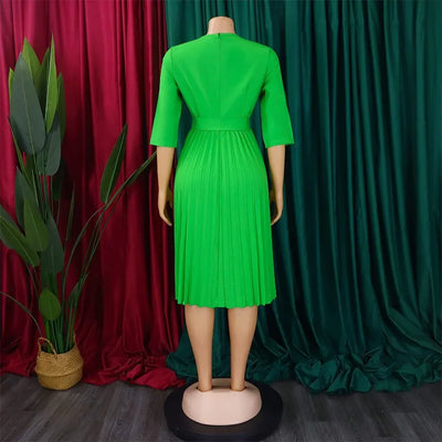 Elegant Office Dresses for Women Professional V Neck Full Sleeve Sashes Pleated Mid Calf Formal Business Work Wear Dress Midi OL