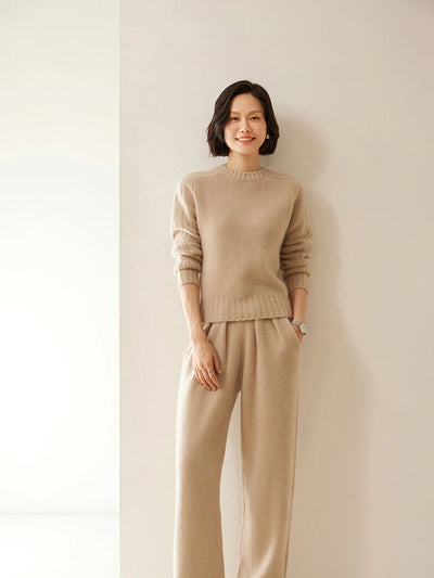 ADDONEE Women 100% Cashmere Pants Pleated Waist Wide Leg Pants Casual Simple Style Autumn Winter Cashmere Knit Trousers Luxury