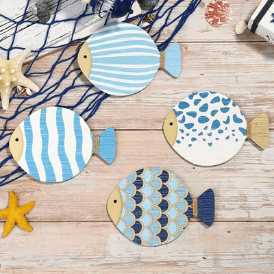 4x Wall Art Wooden Artwork Ornament Hanging Decor Ocean Theme Fish Wall Sculpture for Bathroom Home Living Room Farmhouse Garden