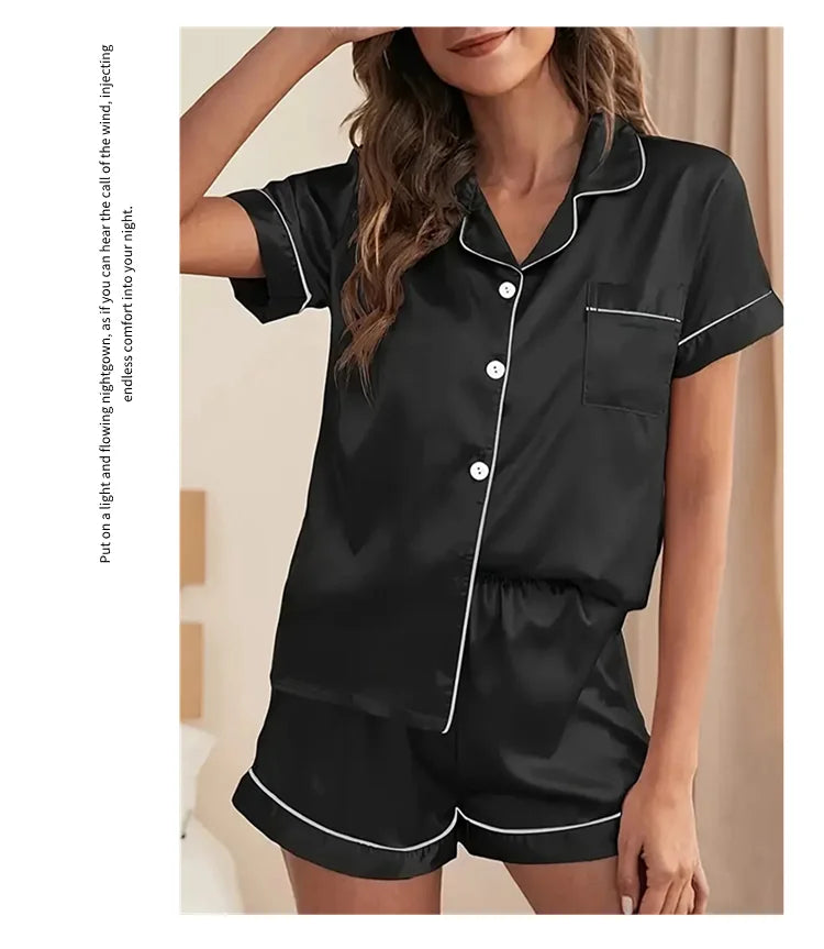 Women's Sleepwear Silk Satin Pajamas Set Button-Down Pyjama Shorts Suit Pijama Femme Loungewear Pj Sets Solid Color Home Clothes