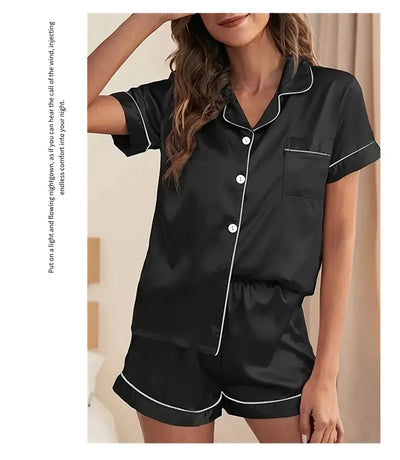 Women's Sleepwear Silk Satin Pajamas Set Button-Down Pyjama Shorts Suit Pijama Femme Loungewear Pj Sets Solid Color Home Clothes