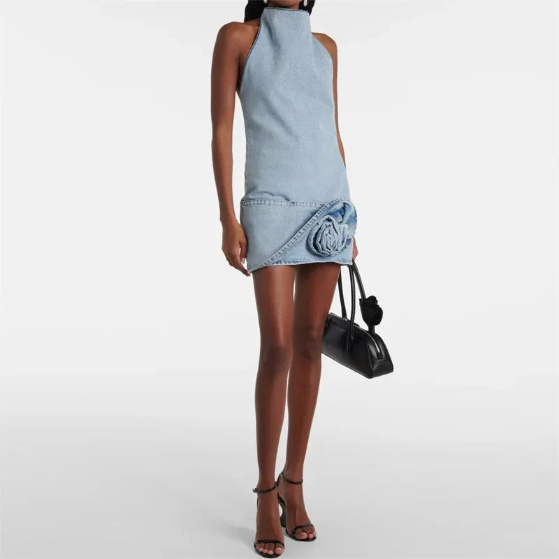 Womens dresses 2025 Summer New 3D Flower Mini Dress pure cotton sleeveless short dresses Sexy backless party dresses Denim dress