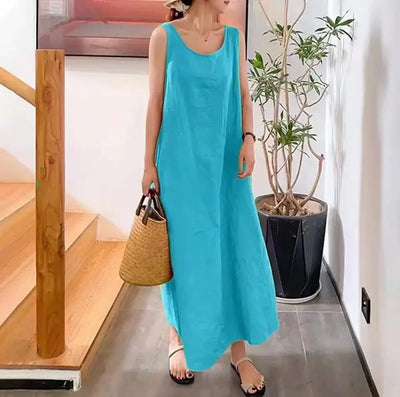 Fashion Casual Boho Dress For Women Summer Elegant Sleeveless Sundress Solid Beach Party Loose Dresses Robe Femme New Vestidos