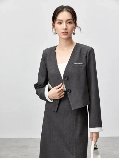 SENTUBILA Two Piece Skirt Sets Women Outfits 2025 Spring Office Ladies V Neck Grey Blazer Jackets Straight Slit Skirt 143Z56241