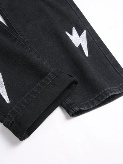 Men's Jeans Black High Street Fashion Embroidered Straight Leg Mid Rise Casual Denim Pants for All Seasons