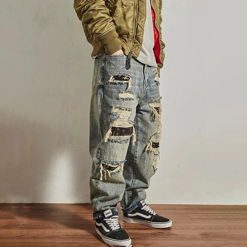 Mens Jeans Ripped Casual Pants Autumn Fashion Retro Streetwear Youth Campus Trend Wide Leg Straight Pants Men'S Clothing 2024