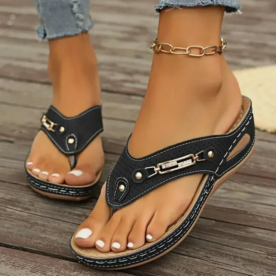 Chic Women's Retro Flip-Flops With Arch Support - Comfortable Slip-On Summer Thong Sandals, Faux Cover