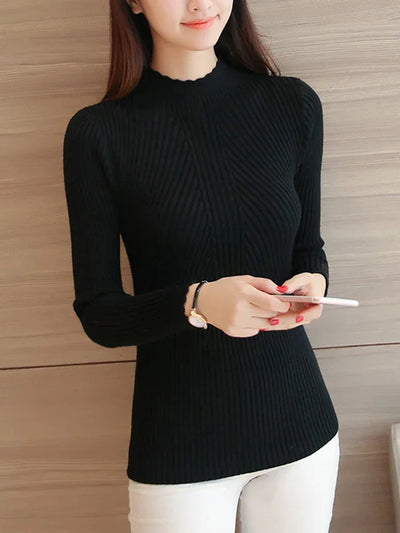 2025 Autumn Women Mock Neck Ruffles Sweater Long Sleeve Knitted Bottoming Solid Pullovers Stripe Women Casual Sweater Winter