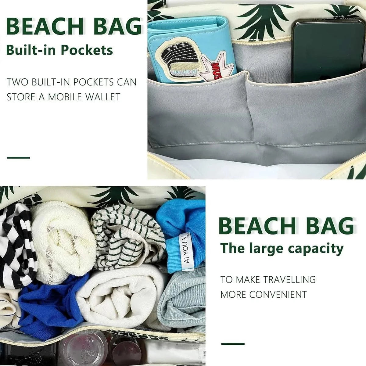 Beach Tote Bag Women Foldable Travel Bag with Anti-Sand Pocket