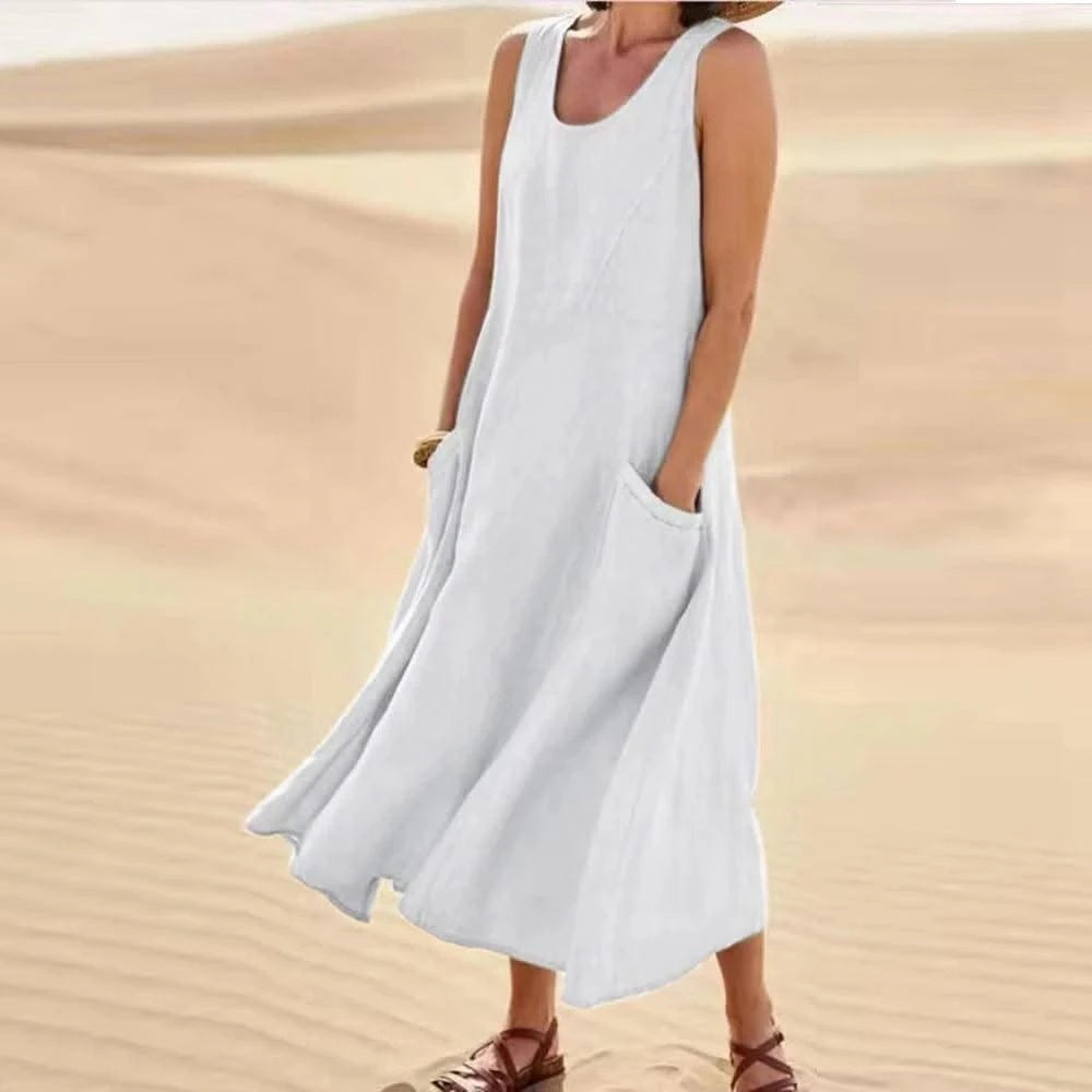Cotton Linen Sleeveless Dress for Women Summer Pullover Skirt Vestidos Fashion Female Clothing Short Sleeved Loose Long Dress