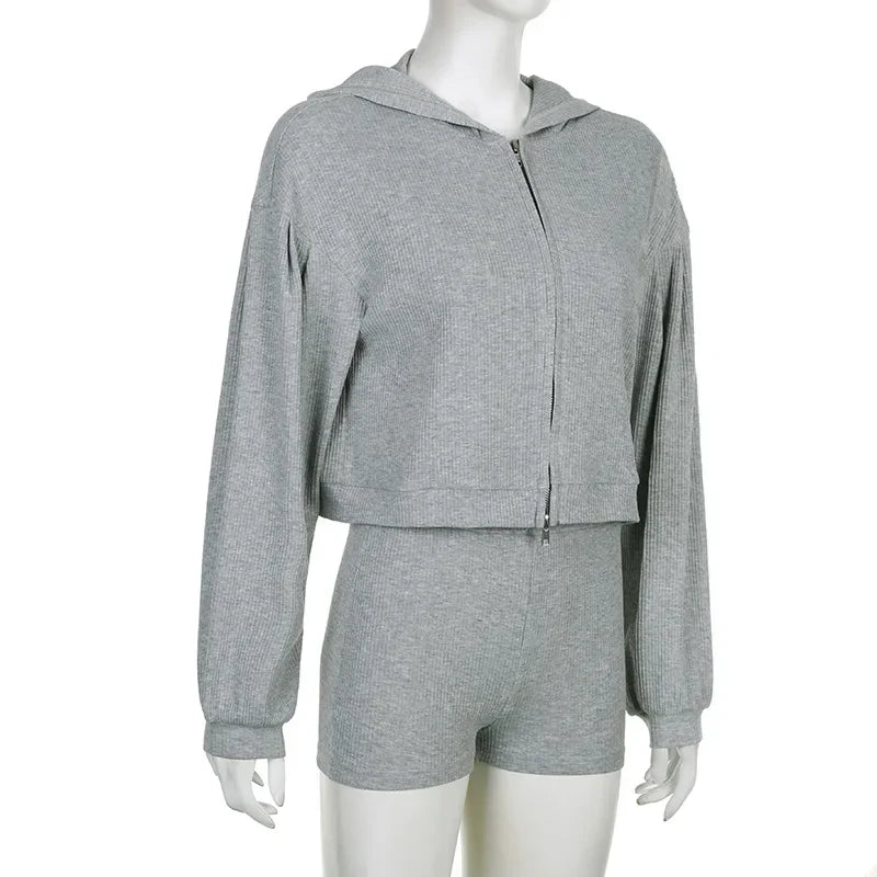 Solid Sport 3 Piece Set Crop Vest Hoodie Tracksuit Women Casual Sweatshirt Coat Mini Short Matching Set Sportswear 3 PCS Outfit